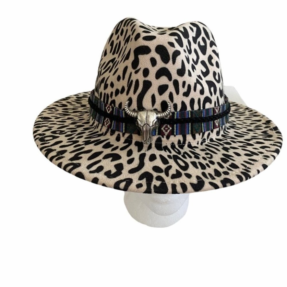 NEW Leopard Print Bull Skull Babe Fedora Hat Ivory